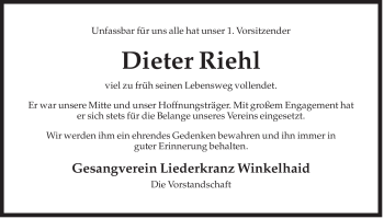 Traueranzeige von Dieter Riehl von Der Bote