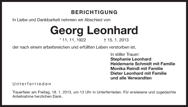  Traueranzeige für Georg Leonhard vom 18.01.2013 aus Der Bote