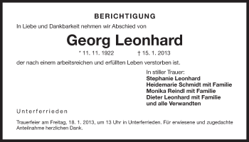 Traueranzeige von Georg Leonhard von Der Bote