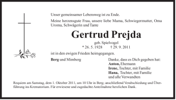 Traueranzeige von Gertrud Prejda von Der Bote