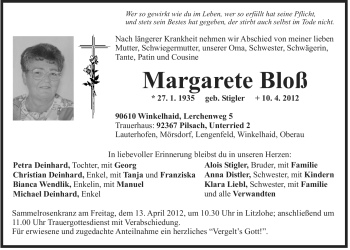 Traueranzeige von Margarete Bloß von Der Bote