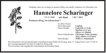 Traueranzeige von Hannelore Scharinger von Der Bote