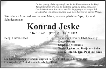 Traueranzeige von Konrad Jeske von Der Bote