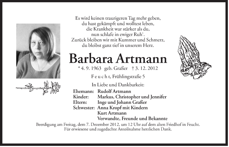  Traueranzeige für Barbara Artmann vom 06.12.2012 aus Der Bote