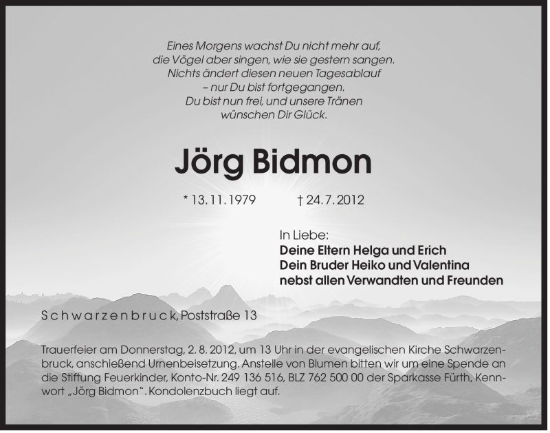  Traueranzeige für Jörg Bidmon vom 31.07.2012 aus Der Bote