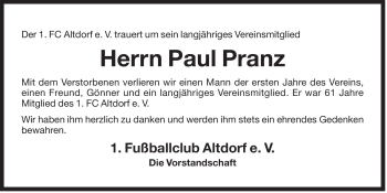 Traueranzeige von Paul Pranz von Der Bote