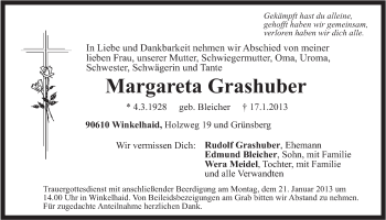 Traueranzeige von Margareta Grashuber von Der Bote
