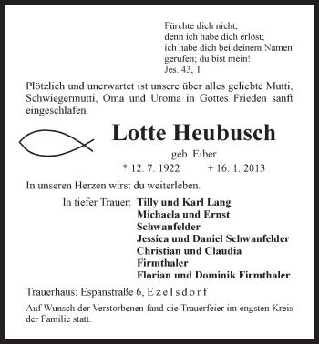 Traueranzeige von Lotte Heubusch von Der Bote