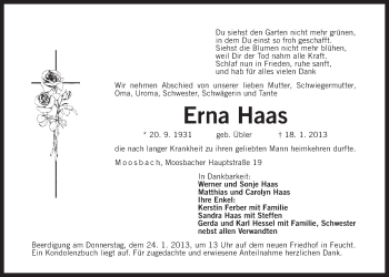 Traueranzeige von Erna Haas von Der Bote
