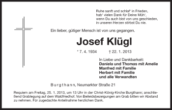 Traueranzeige von Josef Klügl von Der Bote