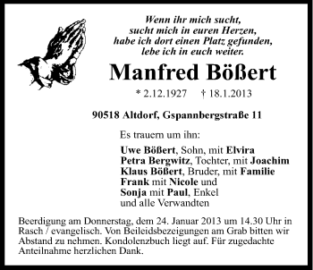 Traueranzeige von Manfred Bößert von Der Bote