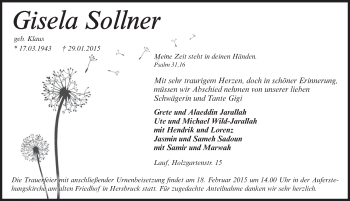 Traueranzeige von Gisela Sollner von Pegnitz-Zeitung