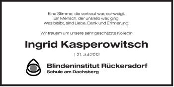 Traueranzeige von Ingrid Kasperowitsch von Der Bote