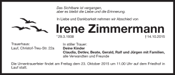 Traueranzeige von Irene Zimmermann von Pegnitz-Zeitung