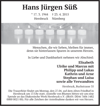 Traueranzeige von Hans Jürgen Süß von Hersbrucker Zeitung