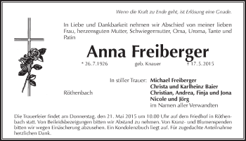 Traueranzeige von Anna Freiberger von Pegnitz-Zeitung