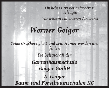 Traueranzeige von Werner Geiger von Hersbrucker Zeitung