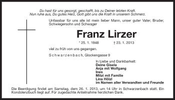 Traueranzeige von Franz Lirzer von Der Bote