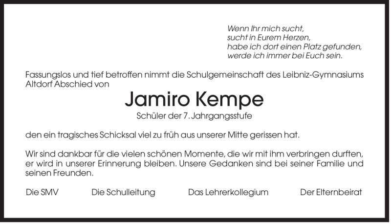  Traueranzeige für Jamiro Kempe vom 10.03.2012 aus Der Bote