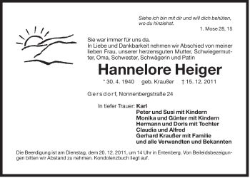 Traueranzeige von Hannelore Heiger von Der Bote