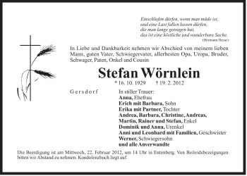 Traueranzeige von Stefan Wörnlein von Der Bote