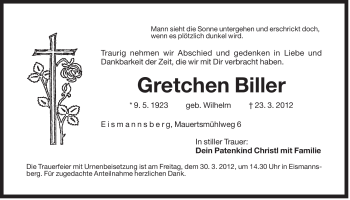 Traueranzeige von Gretchen Biller von Der Bote