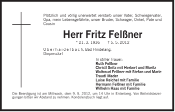 Traueranzeige von Fritz Felßner von Der Bote
