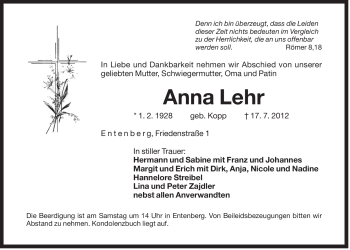 Traueranzeige von Anna Lehr von Der Bote