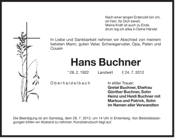 Traueranzeige von Hans Buchner von Der Bote