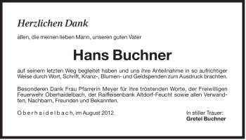 Traueranzeige von Hans Buchner von Der Bote