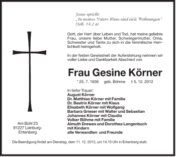 Traueranzeige von Gesine Körner von Der Bote