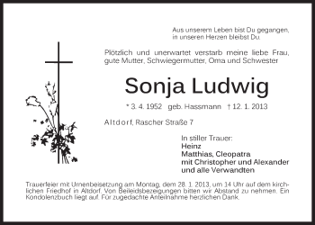 Traueranzeige von Sonja Ludwig von Der Bote