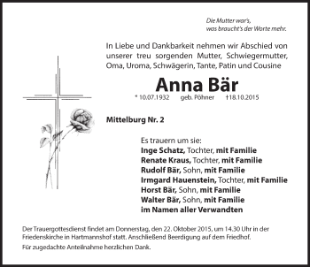 Traueranzeige von Anna Bär von Hersbrucker Zeitung