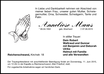 Traueranzeige von Anneliese Maas von Hersbrucker Zeitung