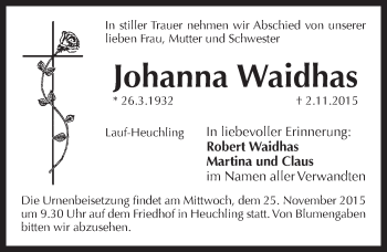 Traueranzeige von Johanna Waidhas von Pegnitz-Zeitung