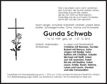 Traueranzeige von Gunda Schwab von Der Bote
