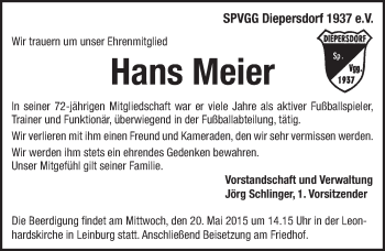 Traueranzeige von Hans Meier von Pegnitz-Zeitung