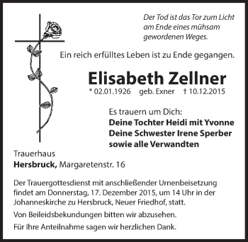 Traueranzeige von Elisabeth Zellner von Hersbrucker Zeitung