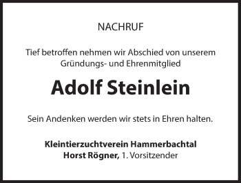 Traueranzeige von Adolf Steinlein von Hersbrucker Zeitung