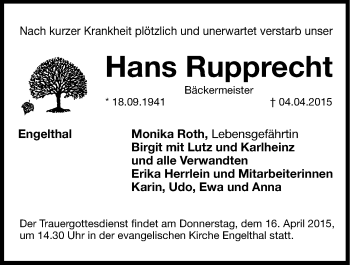 Traueranzeige von Hans Rupprecht von Hersbrucker Zeitung