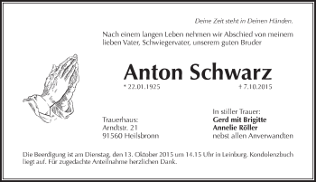 Traueranzeige von Anton Schwarz von Pegnitz-Zeitung