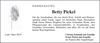 Traueranzeige von Betty Pickel von Pegnitz-Zeitung