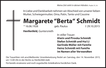 Traueranzeige von Margarete Schmidt von Hersbrucker Zeitung