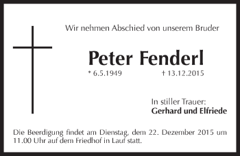 Traueranzeige von Peter Fenderl von Pegnitz-Zeitung