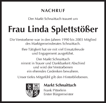 Traueranzeige von Linda Splettstößer von Pegnitz-Zeitung