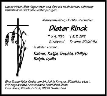 Traueranzeige von Dieter Rinck von Hersbrucker Zeitung