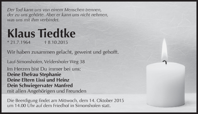  Traueranzeige für Klaus Tiedtke vom 10.10.2015 aus Hersbrucker Zeitung
