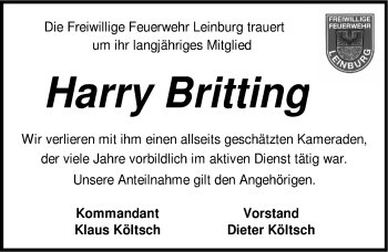 Traueranzeige von Harry Britting von Pegnitz-Zeitung