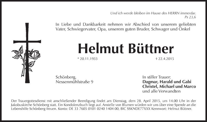  Traueranzeige für Helmut Büttner vom 25.04.2015 aus Pegnitz-Zeitung
