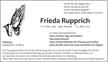 Traueranzeige von Frieda Rupprich von Hersbrucker Zeitung